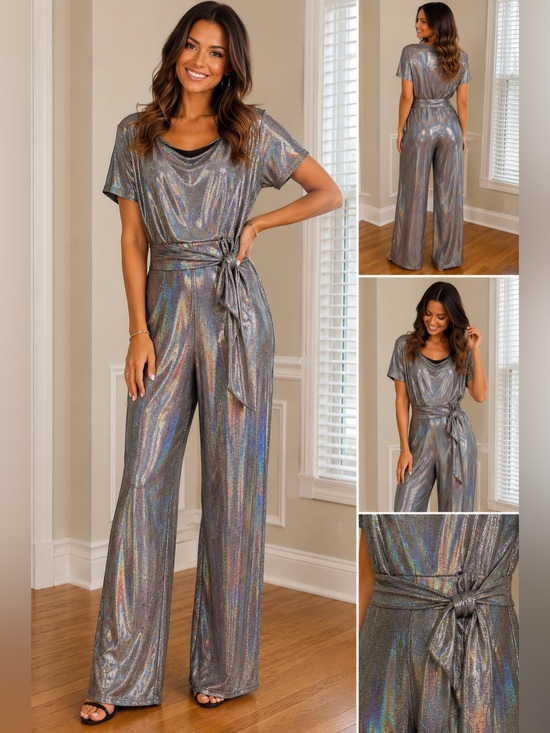 Pants - Holographic Silver Jumpsuit MED Metallic Wide Leg Party Romper Festival Outfit